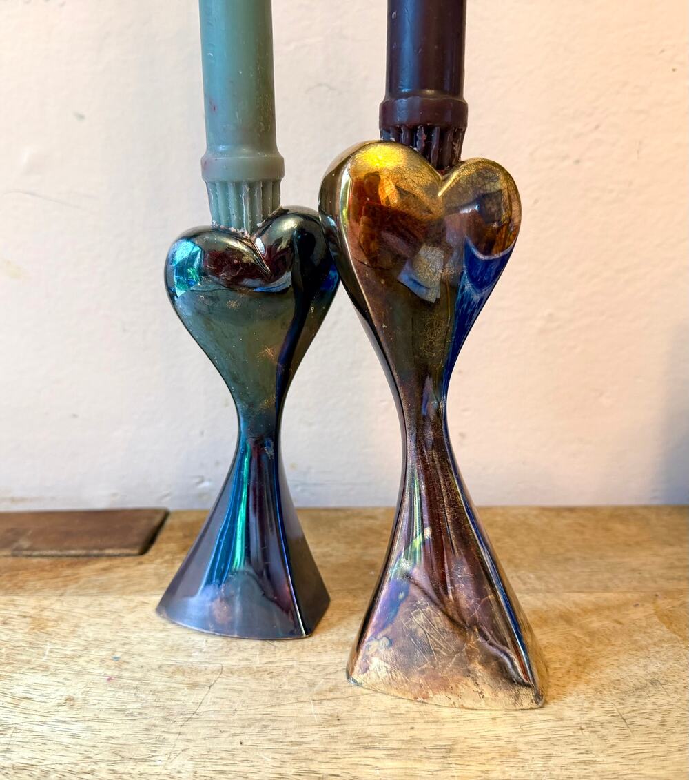 Vintage Postmodern Rainbow Metal Heart Candlestick Holders Pair, 80s 90s Quirky